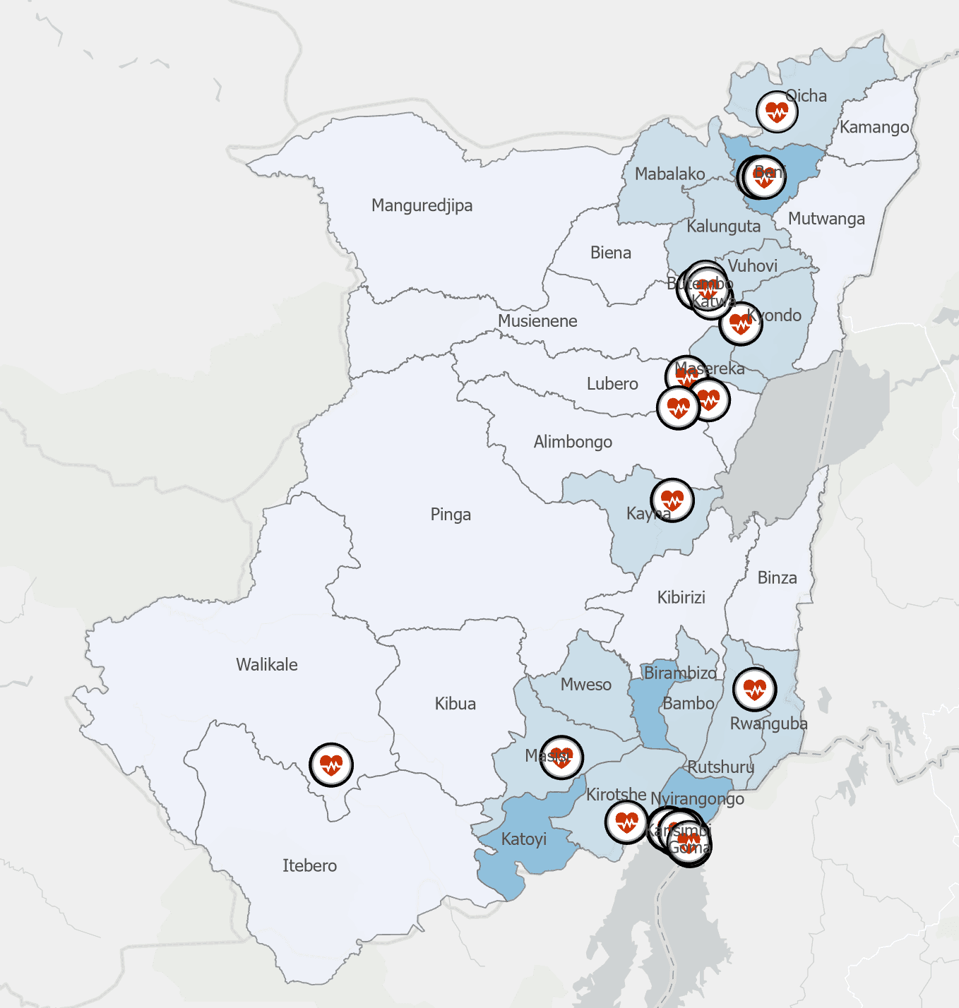A map of 25 health facilities instrumented with sensors in the North Kivu province of the DRC. (Photo credit: Samuel Miles)